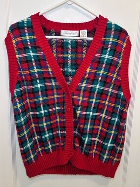 Laura Gayle Vintage Plaid Knit V-Neck Sleeveless Button Sweater Vest Women’s XL